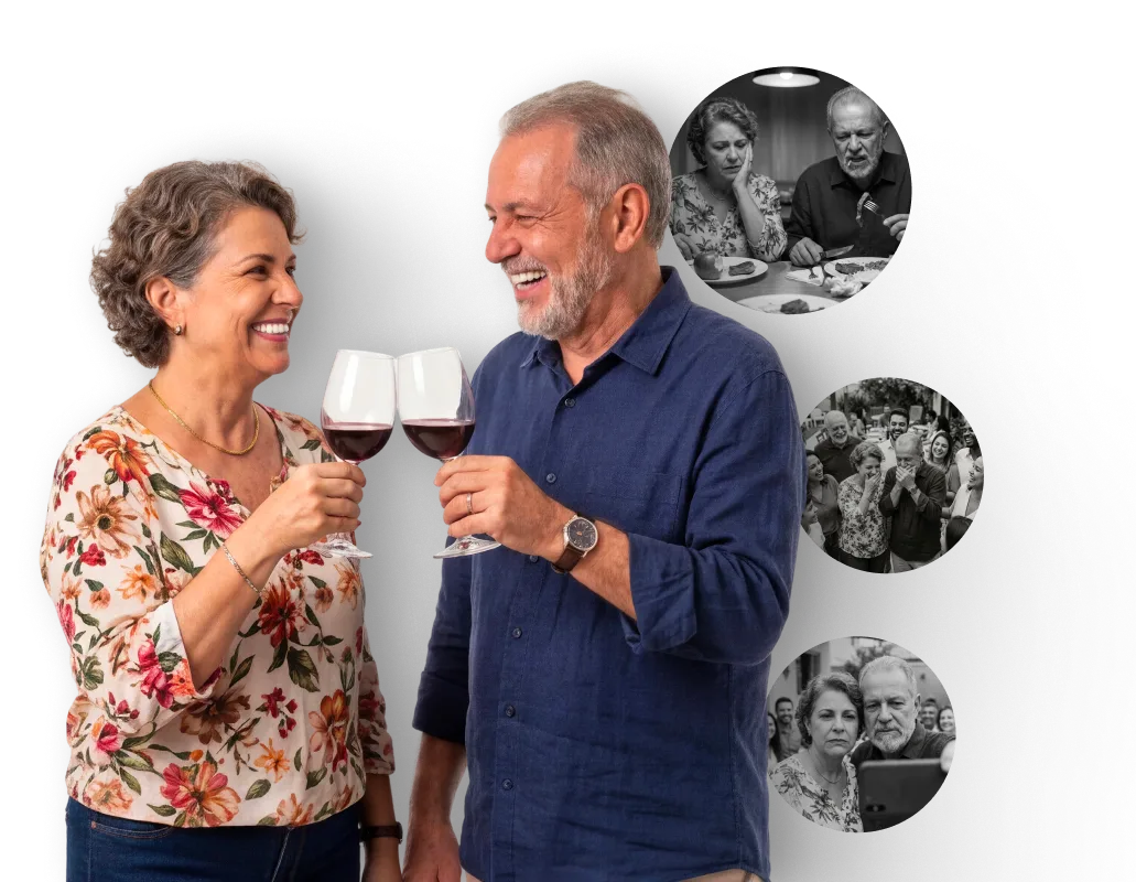 Casal idoso brindando, com fotos de momentos de constrangimento ao lado